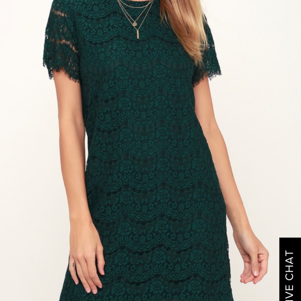 DARK GREEN LACE SHIFT DRESS-Lulus